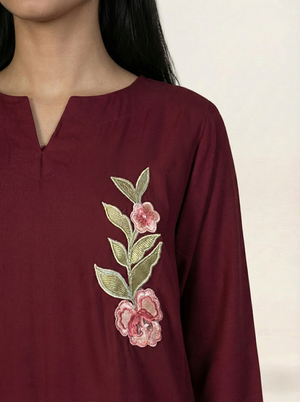 Embroidered Linen Red Kurti