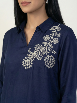 Embroidered Navy Blue Silk Suit (2-Piece)