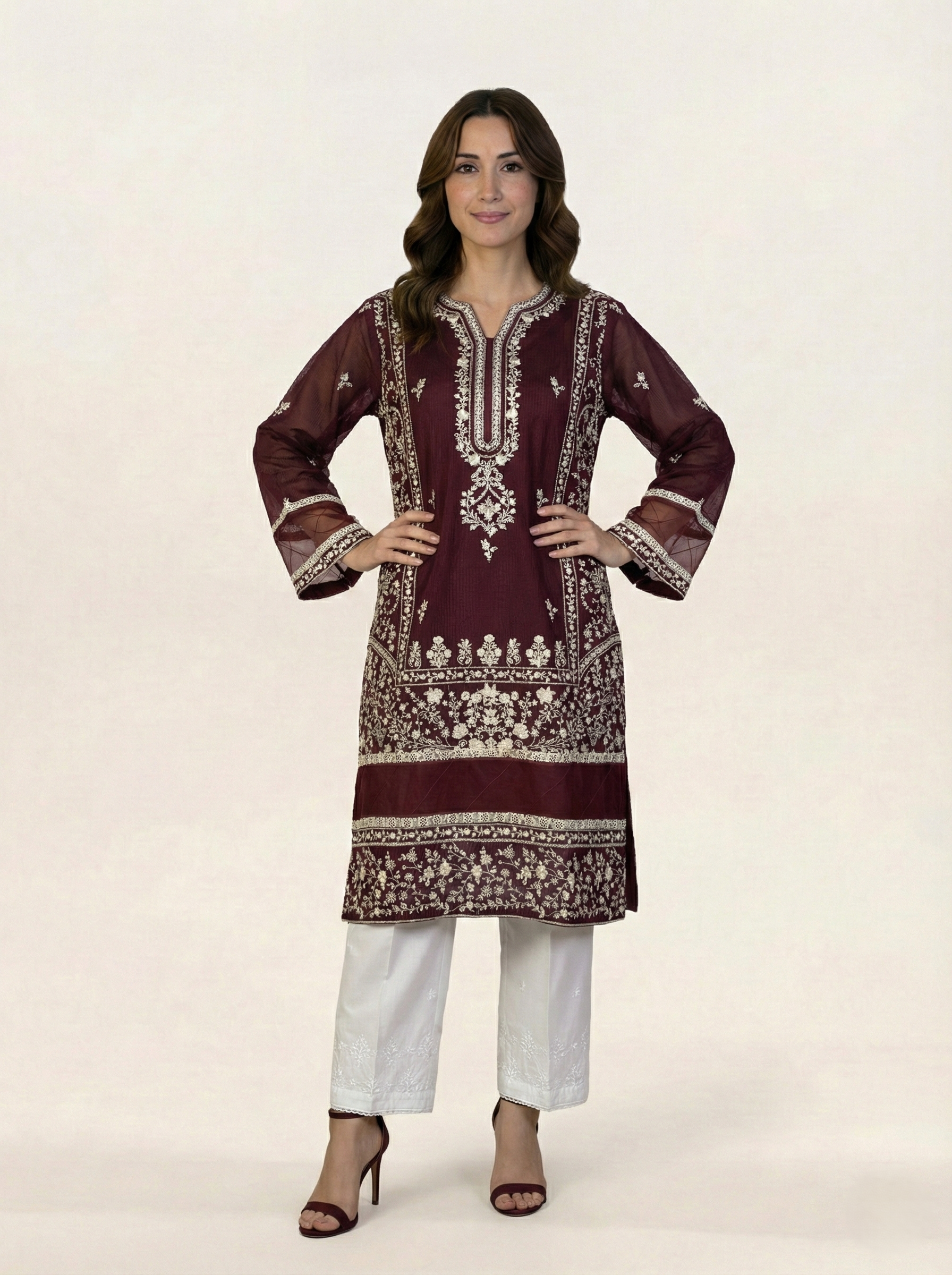 Embroidered Khaadi-Net Kurta and Dupatta Maroon