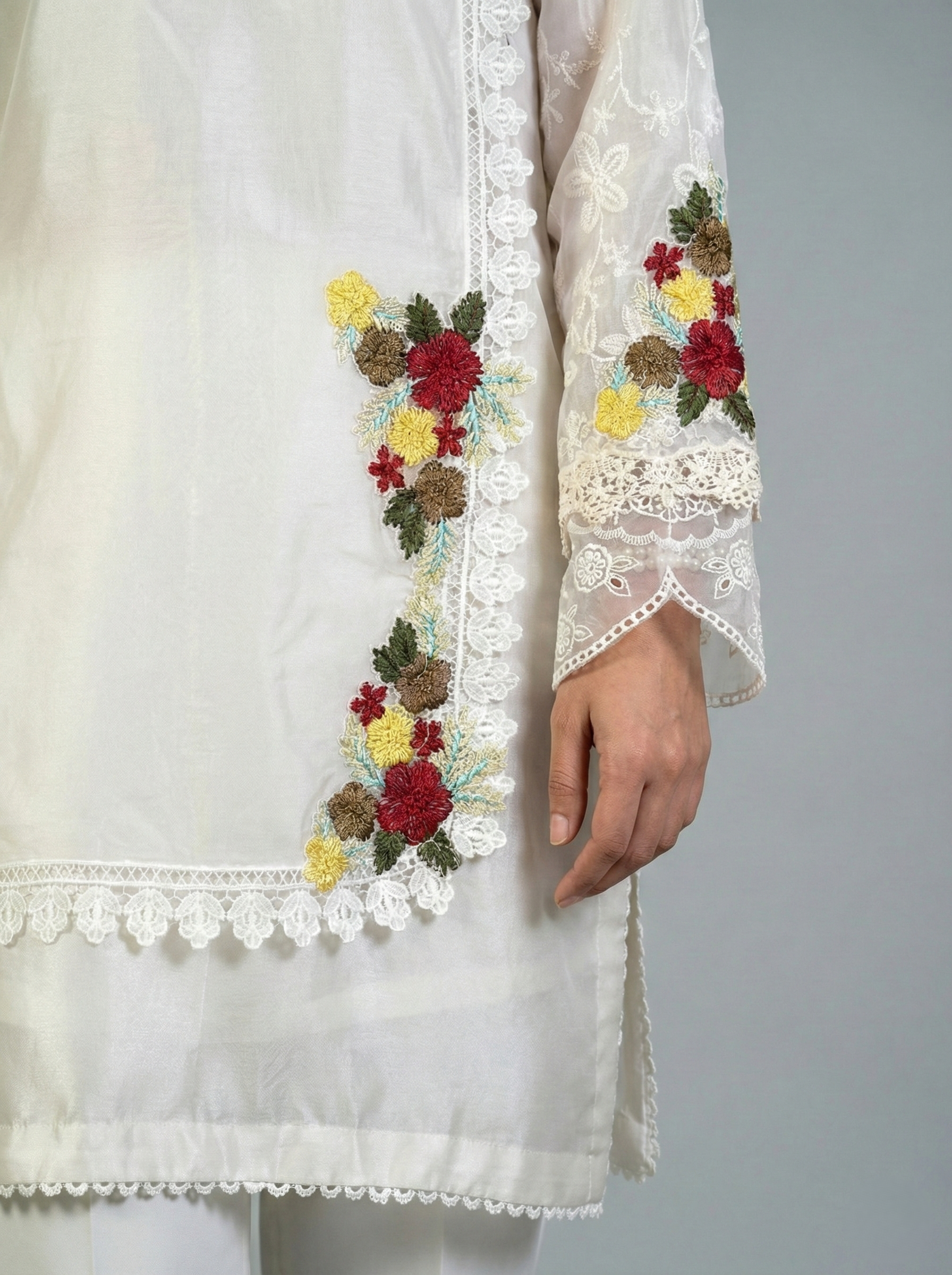 Embroidered Off-White Sheesha Silk Shirt