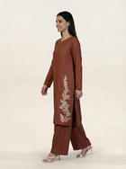 Linen Embroidered 2 Piece Suit Solid Rust