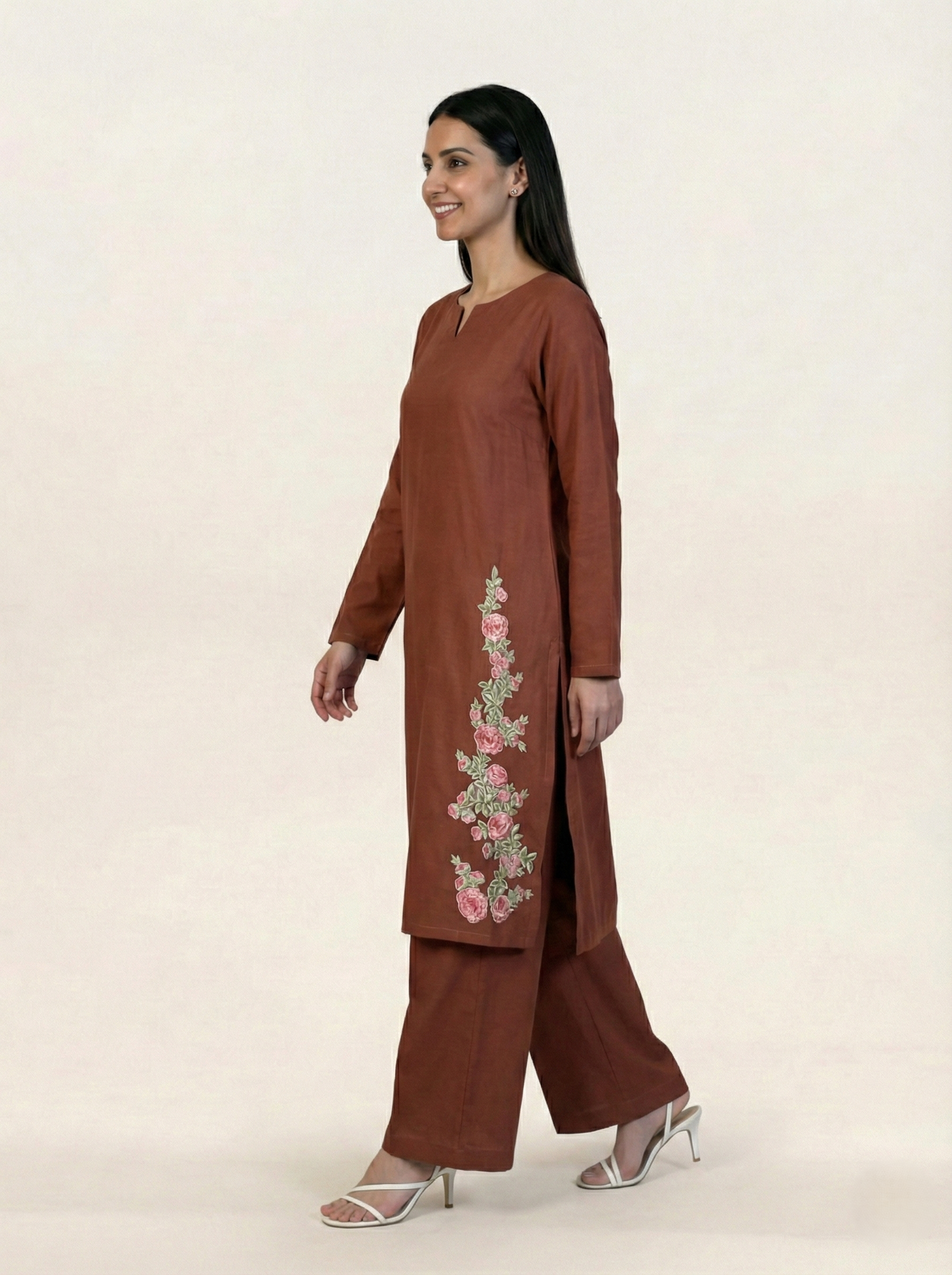 Linen Embroidered 2 Piece Suit Solid Rust