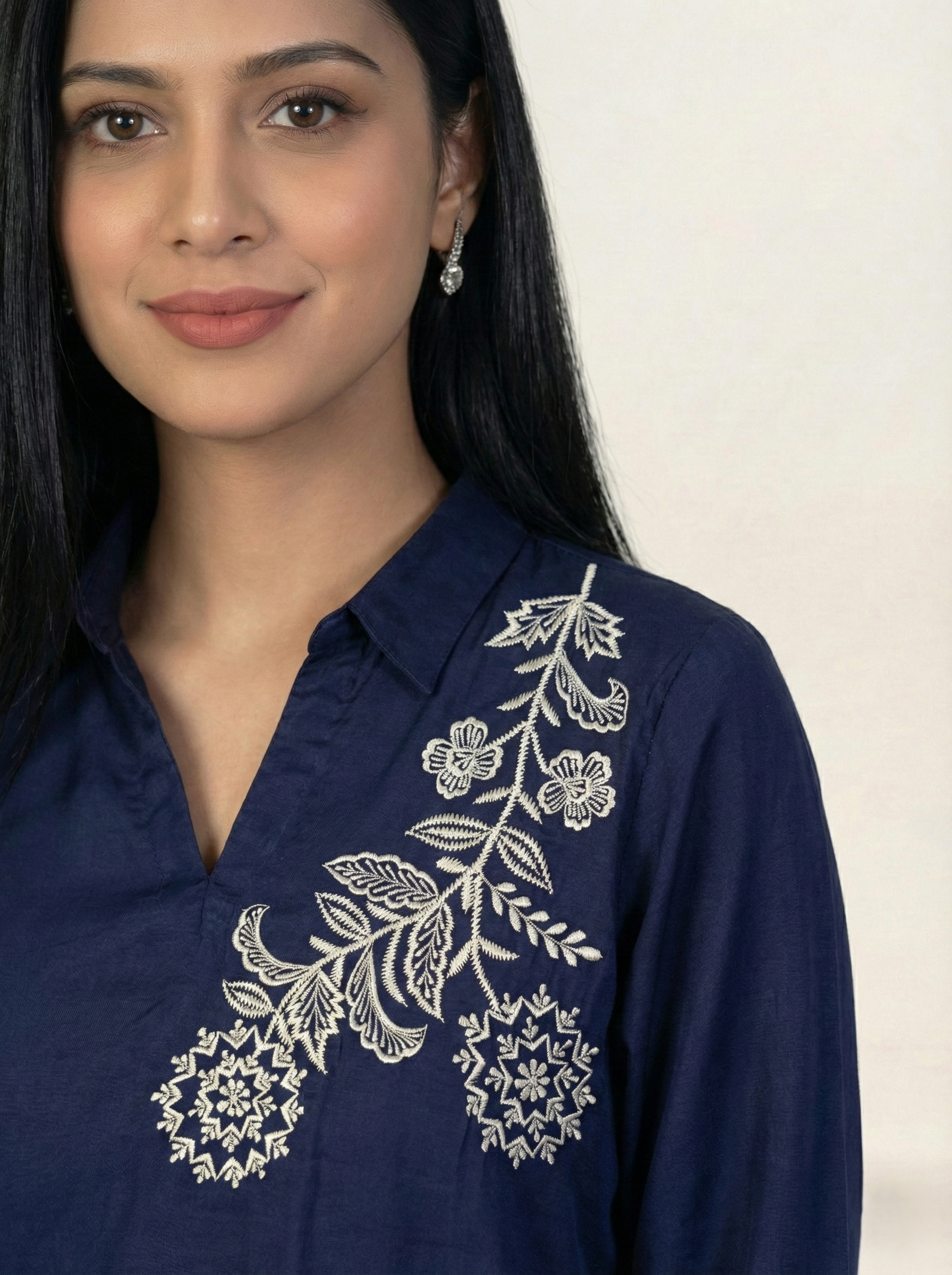 Embroidered Navy Blue Silk Suit (2-Piece)