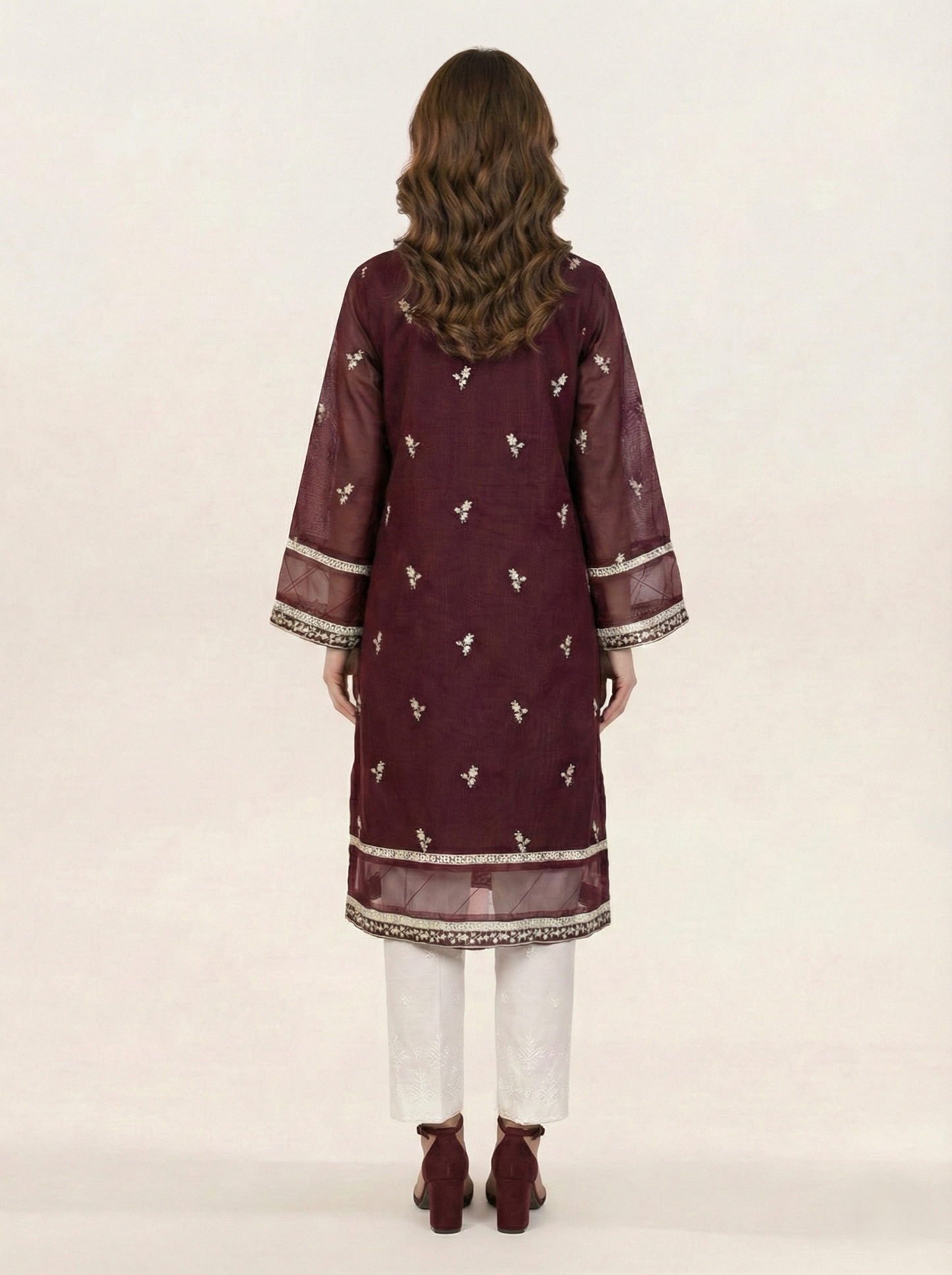 Embroidered Khaadi-Net Kurta and Dupatta Maroon