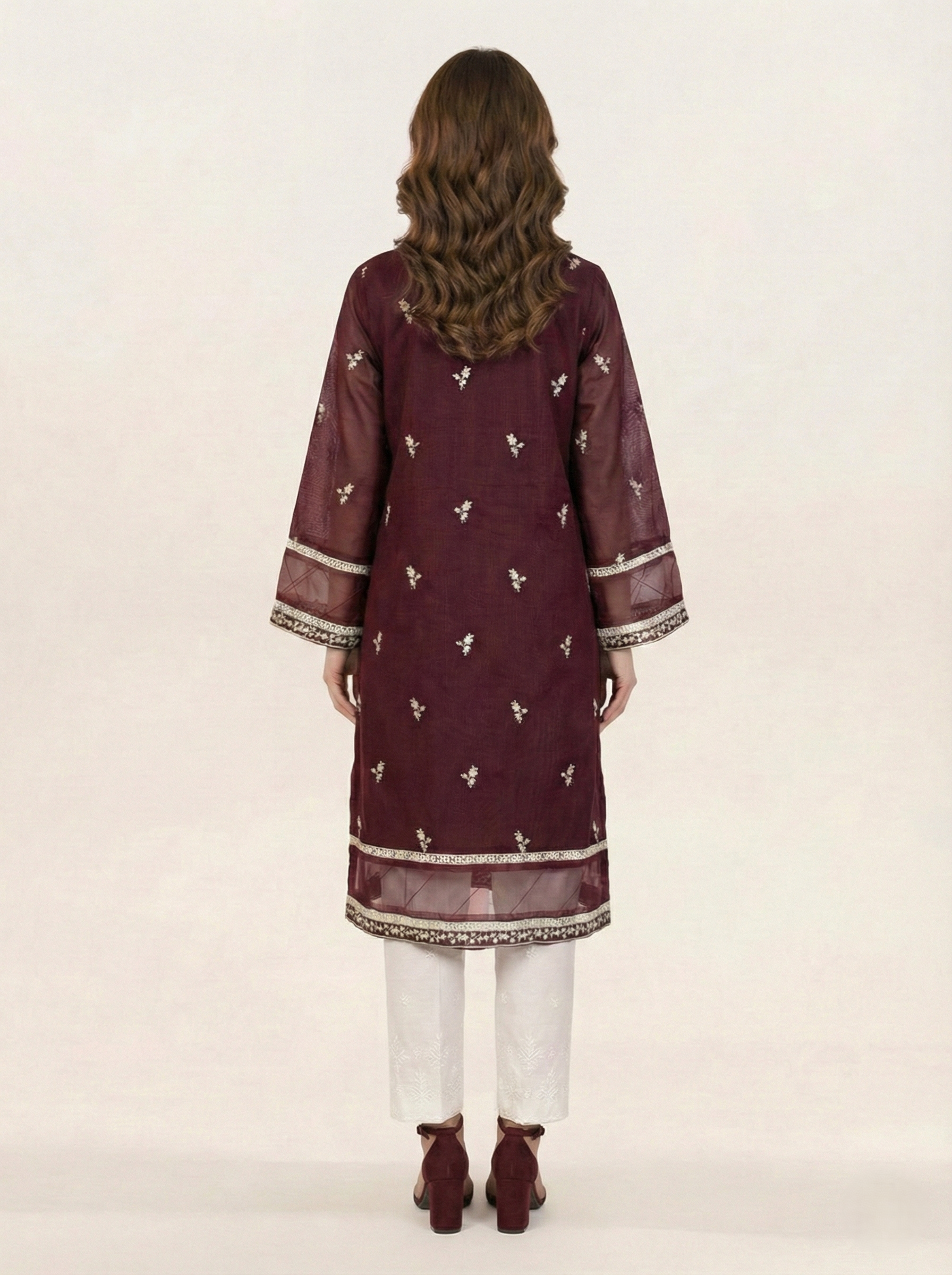 Embroidered Khaadi-Net Kurta and Dupatta Maroon