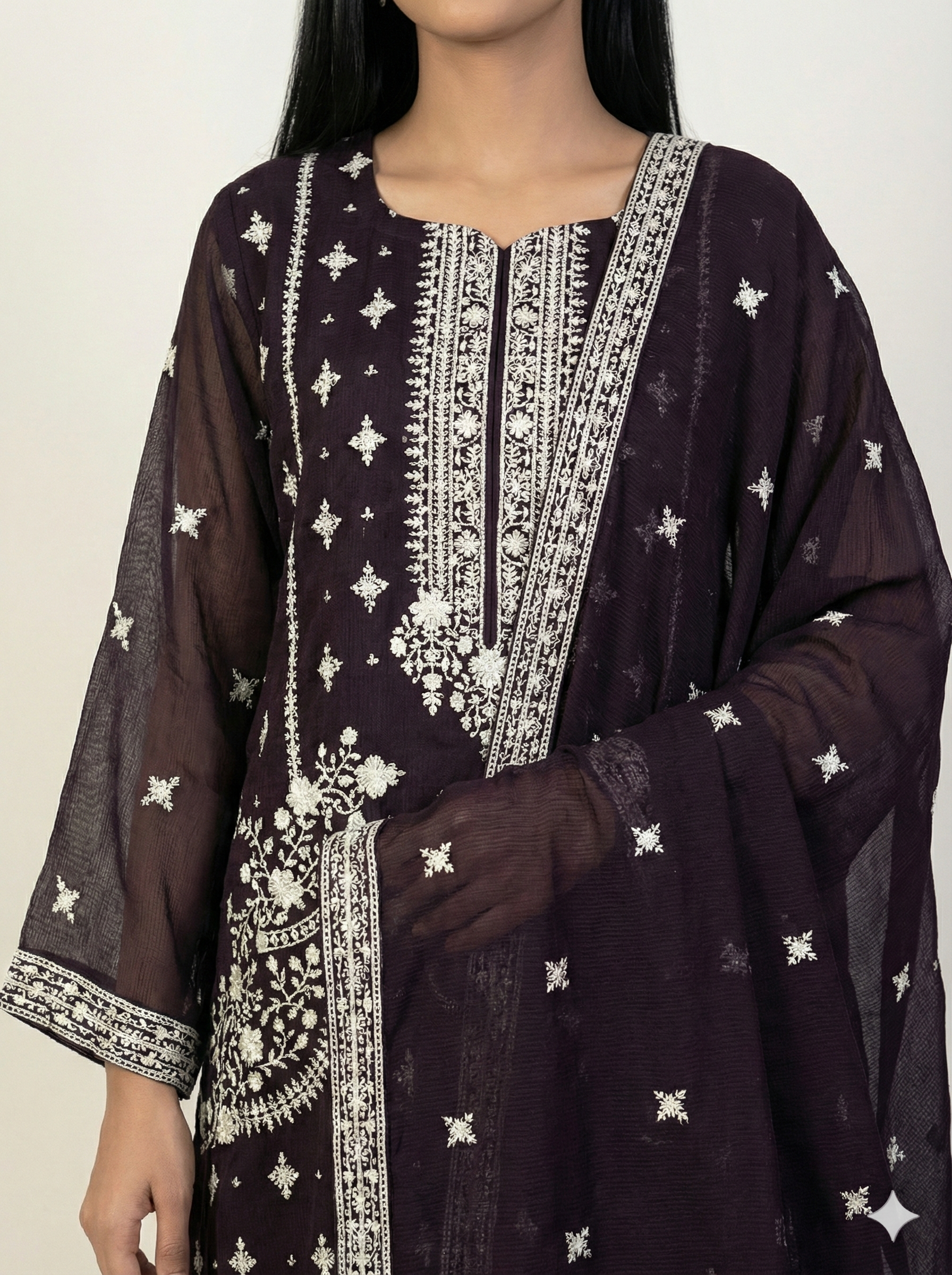 Embroidered Khaadi-Net Kurta Dupatta Purple