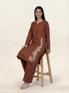 Linen Embroidered 2 Piece Suit Solid Rust