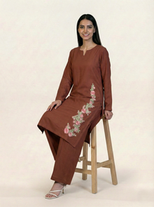 Linen Embroidered 2 Piece Suit Solid Rust