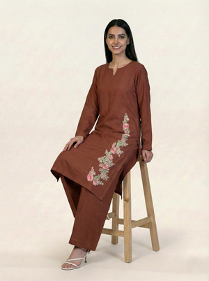 Linen Embroidered 2 Piece Suit Solid Rust